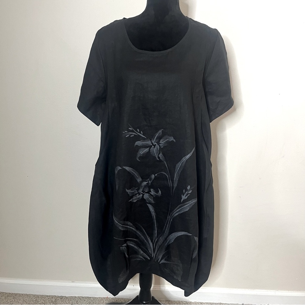 Terra SJ Apparel‎ Women’s Black Linen Floral Print Pockets Midi Dress Sz M NWT